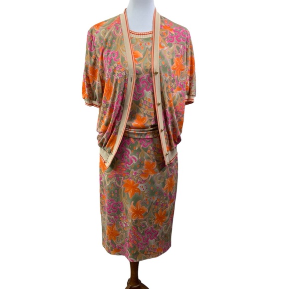 Vintage DOMINA 3 Piece Set Skirt Short Sleeve Top & Cardigan Small Medium Beige - Picture 1 of 15